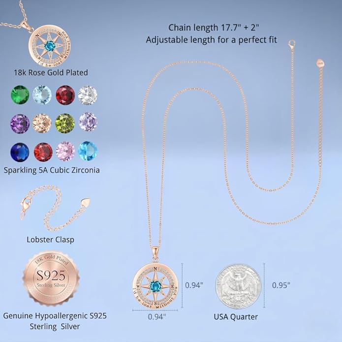 Compass Necklace for Women Wife Girlfriend Mom Daughter Gifts S925 Sterling Silver Jewelry For Anniversary Rose Gold Gifts For Birthday Christmas Mothers Valentines Day 12 Birthstones