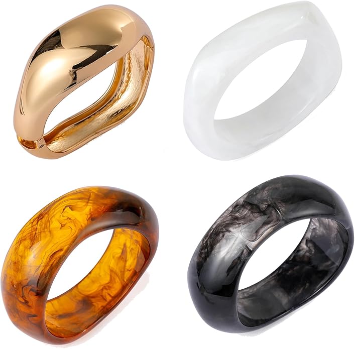 4Pcs Chunky Bangle Bracelets for Women Stackable Colorful Acrylic Gold Bangle Set Irregular Geometric Vintage Bracelets Statement Jewelry