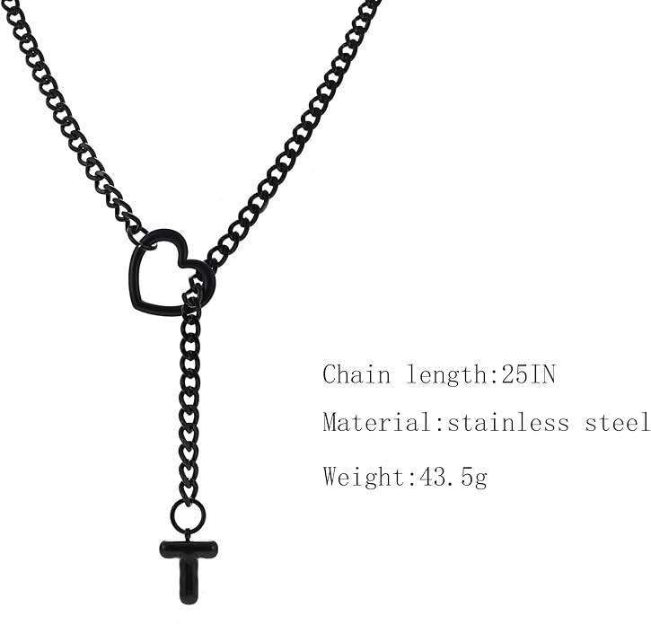 Black Heart Slip Chain Initial Necklaces for Women,Stainless Steel O-Ring Adjustable Lariat Heart Y-Necklace,Punk Gothic Cuban Collar Choker Necklace for women