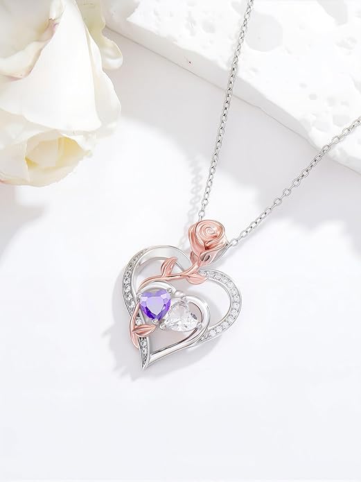 Rose Flower Heart Pendant for Women Birthday Gifts 18k Gold Plated Mother Daughter Necklace with 12 Months Birthstone Christmas Valentines Day Gifts for Her Mom Anniversarry Jewelry for Mom Wife Girlfriend