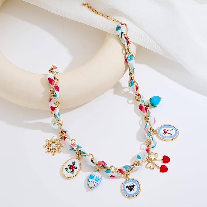 LILIE&WHITE Gold Charms Necklace for Women Bandana Necklace with Colorful Charms Necklaces Beach Jewelry Gift