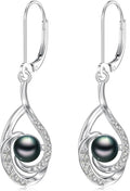 Tahitian Black Pearl Earrings Gifts for Women Wife Celtic Dangle Drop Earrings Wedding Birthday Anniversary Jewelry Valentines Christmas Day Gifts 925 Sterling Silver