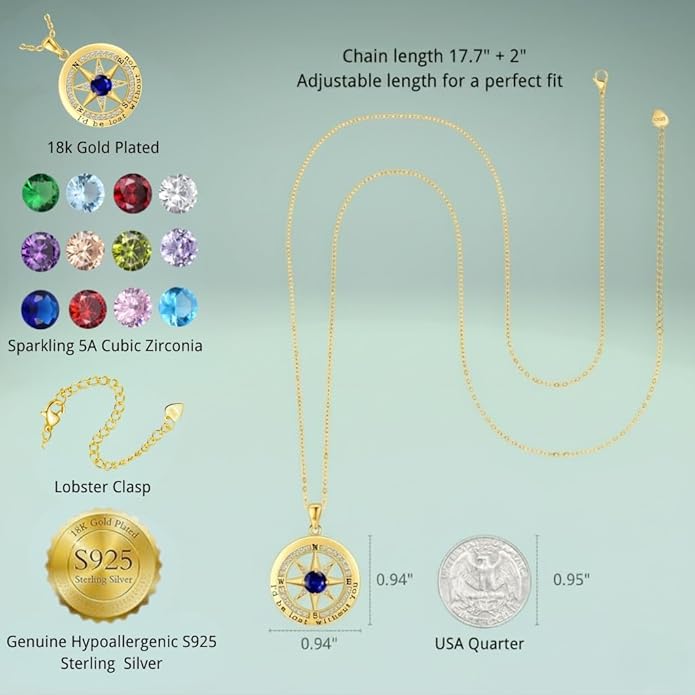 Compass Necklace for Women Wife Girlfriend Mom Daughter Gifts S925 Sterling Silver Jewelry For Anniversary Rose Gold Gifts For Birthday Christmas Mothers Valentines Day 12 Birthstones