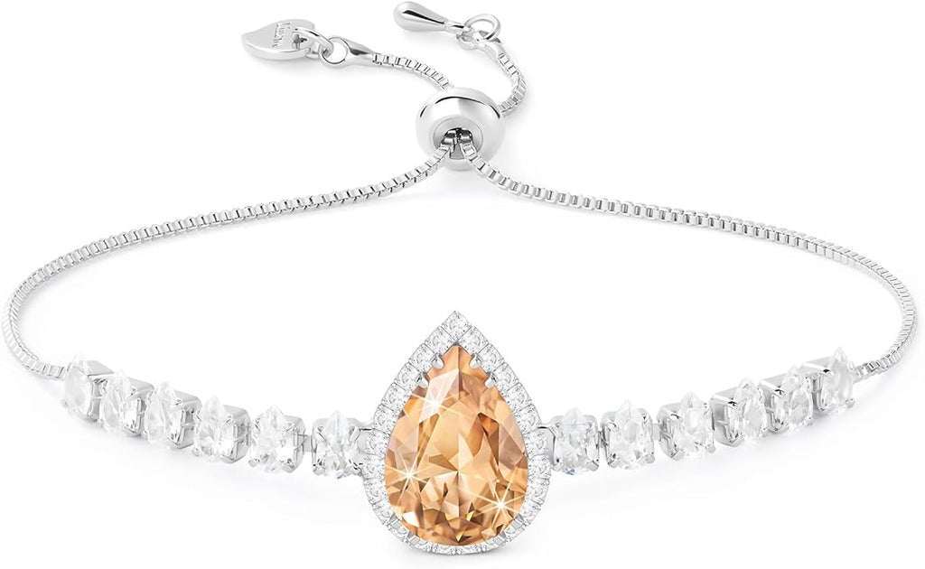 Linawe Crystal Imitation Diamond Rhinestone Charm Bracelets for Women, Gold/Silver/Rose Gold Adjustable Chain Bracelet, Teardrop Birthstone Cubic Zirconia Prom Costume Wedding Jewelry