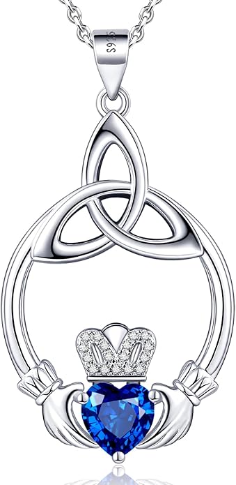 Gift Birthstone Necklaces for Women 925 Sterling Silver Irish Claddagh Necklace for Women Heart Birthstone Pendant Necklace Anniversary Birthday Gifts for Wife Lady Cable Chain 18"+2"