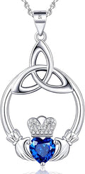 Gift Birthstone Necklaces for Women 925 Sterling Silver Irish Claddagh Necklace for Women Heart Birthstone Pendant Necklace Anniversary Birthday Gifts for Wife Lady Cable Chain 18"+2"
