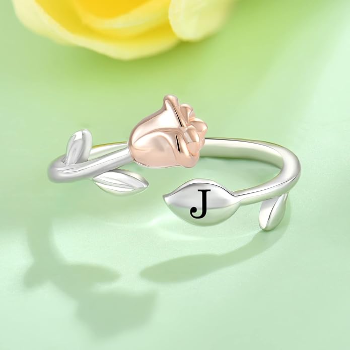 STARCHENIE Rose Initial Ring for Women 925 Sterling Silver Letters A-Z 26 Alphabet Adjustable Ring Size 7