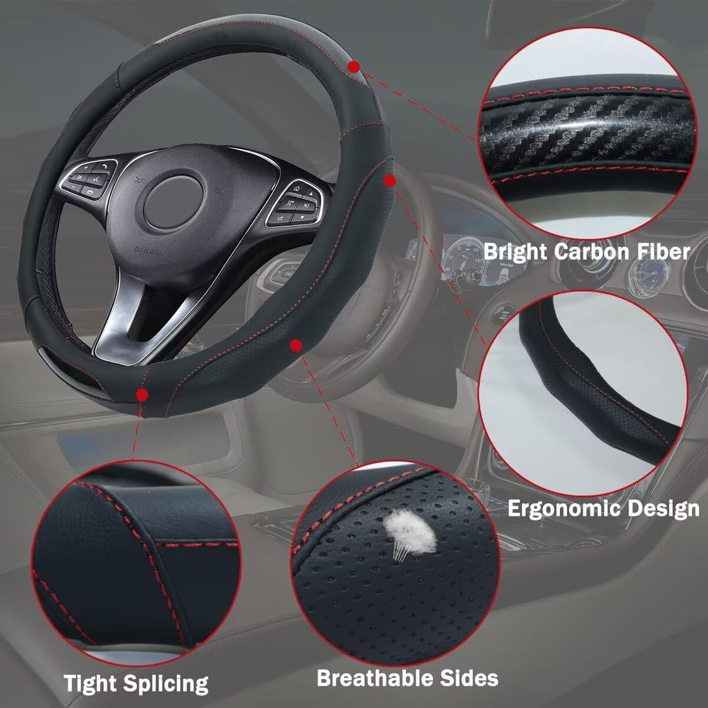 Car Steering Wheel Cover with Cup Coasters, Universal 15 inch Leather Carbon Fiber Steering Wheel Covers Comfort Grip Breathable Anti-Slip Steering Wheel Accessories for SUV Truck Van Auto - Black