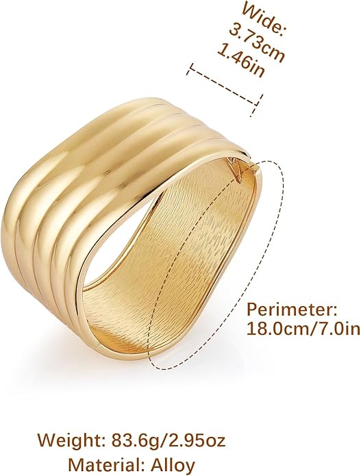HZMAN 18K Gold Plated Wide Cuff Bracelet for Women - Premium Alloy Shiny Polished Double Layer Statement Bangle, Trendy Daily Wear Party Jewelry Accessory