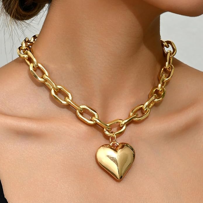 Chunky Gold Heart Necklace for Women,Y2K Big Heart Statement Necklace Long Puffy Hearts Chain Charm Necklaces Trendy Jewerly