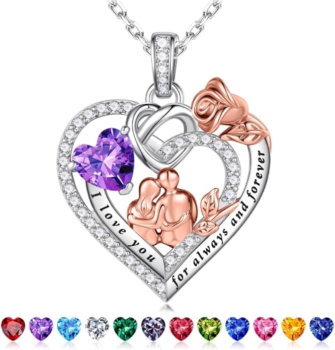 Iefil Valentines Day Gifts for Her - 925 Sterling Silver Birthstone Heart Necklace for Women, Anniversary Birthday Gifts for Wife Girlfriend Mom