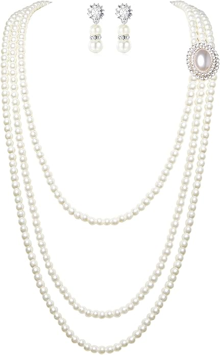 BABEYOND 1920s Gatsby Pearl Necklace Vintage Bridal Pearl Necklace Earrings Jewelry Set Multilayer Imitation Pearl Necklace with Brooch