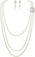 BABEYOND 1920s Gatsby Pearl Necklace Vintage Bridal Pearl Necklace Earrings Jewelry Set Multilayer Imitation Pearl Necklace with Brooch
