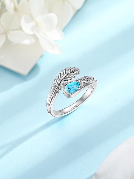 Turquoise/Moss Agate/Moonstone/Black Onyx/Lapis Lazuli/Labradorite/Tiger Eye Feather Ring 925 Sterling Silver Adjustable Ring Western Thumb Rings Vintage Jewelry Gifts for Women