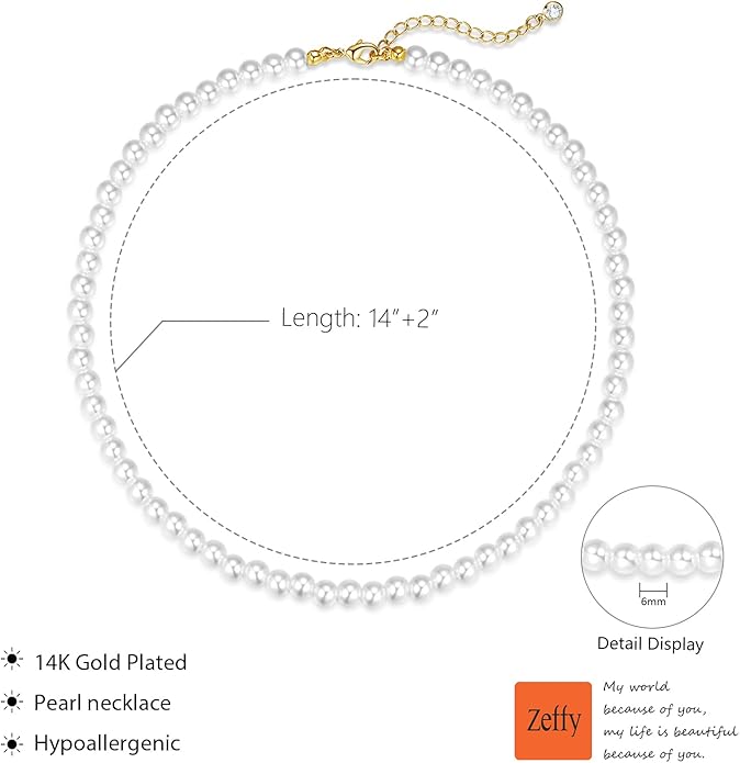 Zeffy Pearl Necklace 4MM/6MM/8MM Dainty Round Imitation Pearl Choker Necklace Wedding Pearl Necklace Delicate Jewelry for Women Simple Bridesmaid Jewelry Gifts