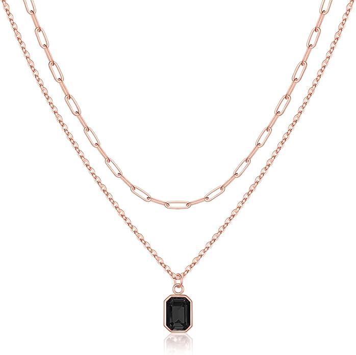 Layered Birthstone Necklace for Women Girls, 14K Gold-Plated Paperclip Chain Choker Necklace with Rectangle Birthstone Pendant Birthday Gifts for Women Girls Dainty Small