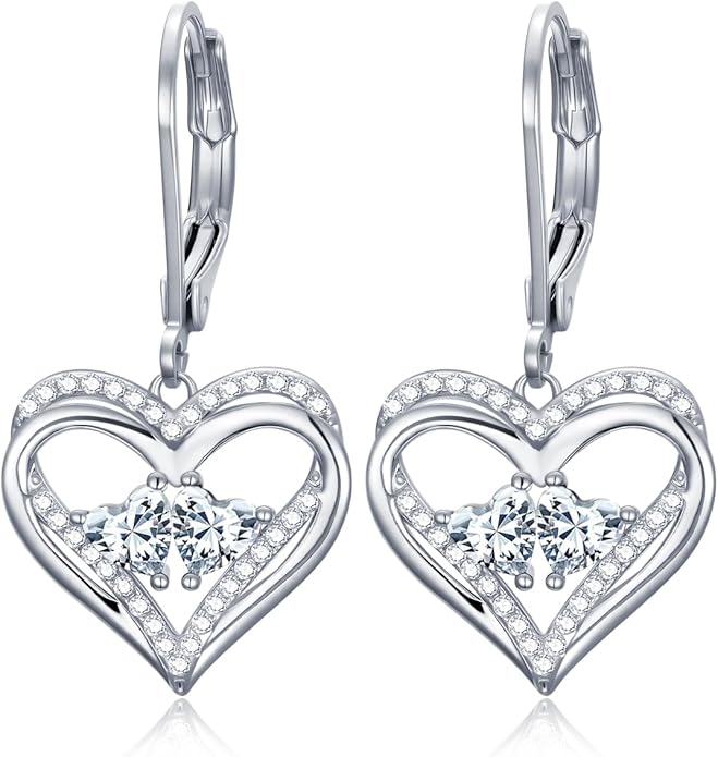 Valentines Day Gifts for Women, Heart Leverback Earrings Double Birthstone Dangle Earrings for Women, Love Jewelry for Her, Anniversary Birthday Gift for Mom Wife Girlfriend