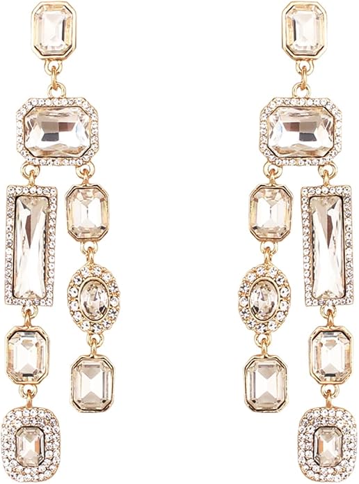 Vintage Rectangle Teardrop Chandelier Earrings, Art Deco Wedding Austrian Crystal Drop Dangle Earrings for Women Party Prom