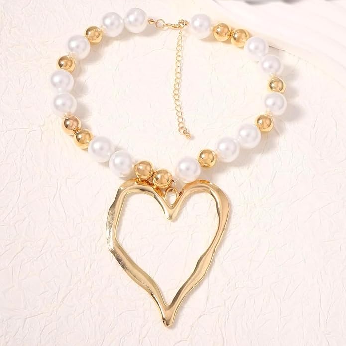 Exaggerated Heart Pendant Pearl Necklace,Charming Plated Gold Chunky Love Ball Statement Choker,Sweet Heart Beaded Collar Necklace for Women