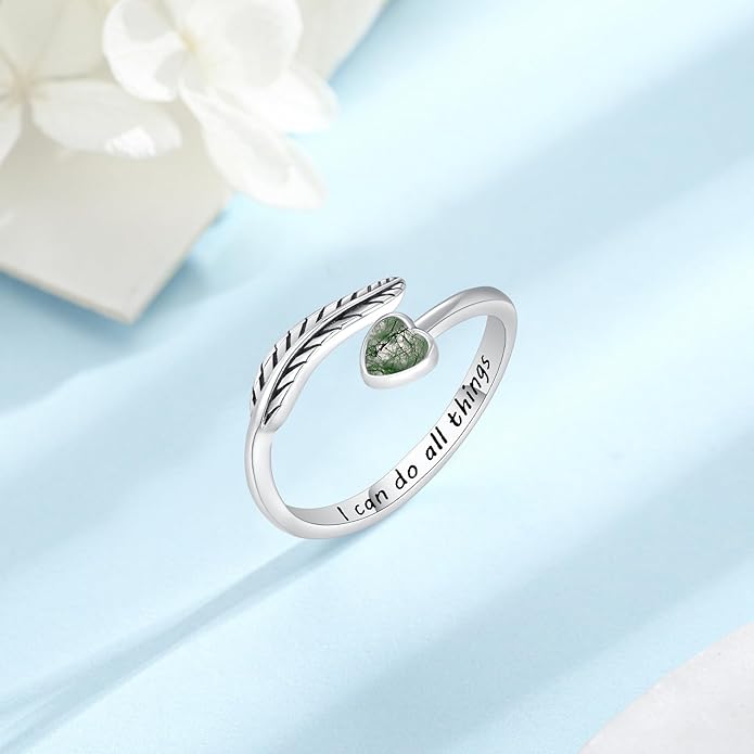 Turquoise/Moss Agate/Moonstone/Black Onyx/Lapis Lazuli/Labradorite/Tiger Eye Feather Ring 925 Sterling Silver Adjustable Ring Western Thumb Rings Vintage Jewelry Gifts for Women