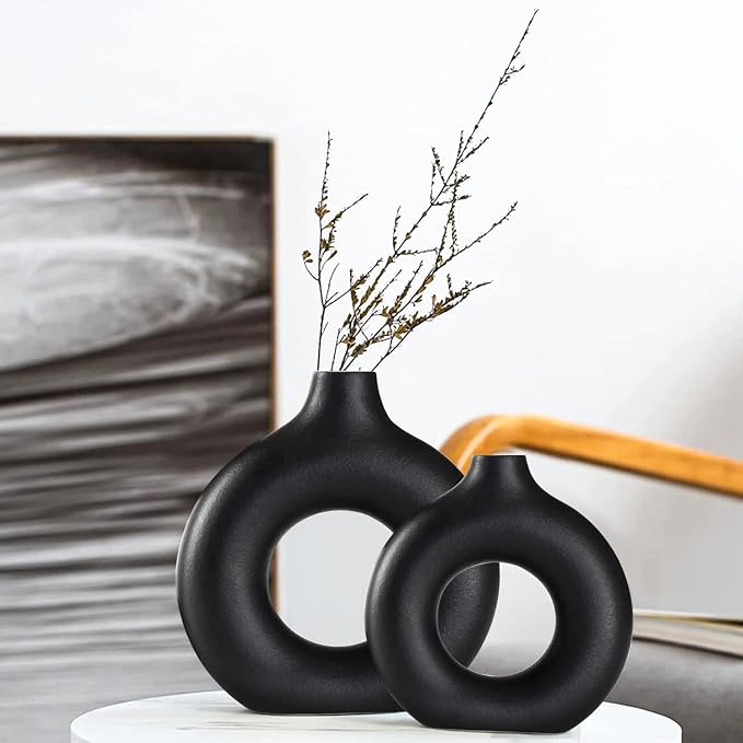 Black Ceramic Vase Set of 2 for Modern Boho Decor, Round Matte Pampas Flower by QLOFEI