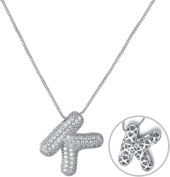 RWQIAN Letter Necklace for Women Bubble, Chunky Initial Alphabet A-Z Pendant Puffy Name Personalized Necklace Dainty Zircon CZ Fashion Jewelry Gifts for Girls Girlfriend