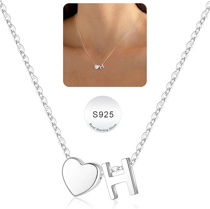 Turandoss Valentines Gifts for Her Kids Girls, Dainty S925 Sterling Silver Tiny Heart Letter A-Z Pendent Necklace Trendy Birthday Valentines Jewelry Gifts for Girls Women