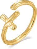 Cross Ring for Women 14 Gold Plated Hammered Texture Open Ring Size Adjustable Dainty Faith Christian Jewelry Gifts