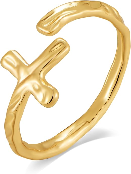Cross Ring for Women 14 Gold Plated Hammered Texture Open Ring Size Adjustable Dainty Faith Christian Jewelry Gifts