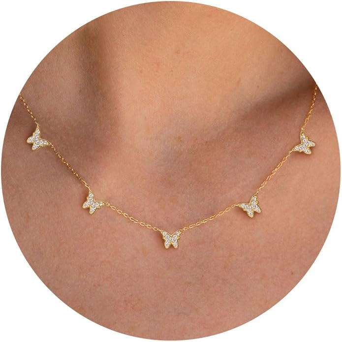 VRIUA Necklaces for Women - 14K Gold/Silver Plated Dainty Chain Necklace with Five Charms: Diamond, Bow, Snowflake, Cross, Flower, Clover, Butterfly, Heart, Star of David, and Star Trendy Jewelry