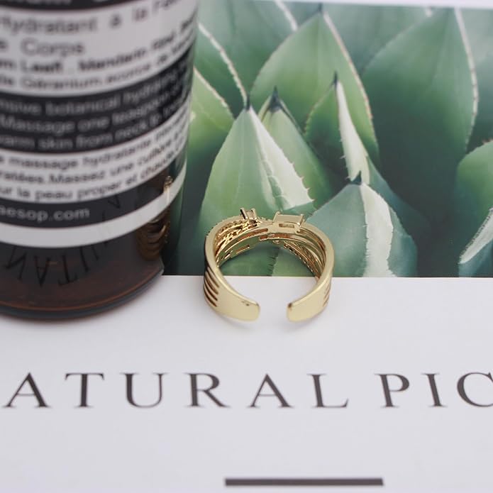 18K Gold Plated Cubiz Zirconia Wedding Engagement Wide Adjustable Band Ring for Women