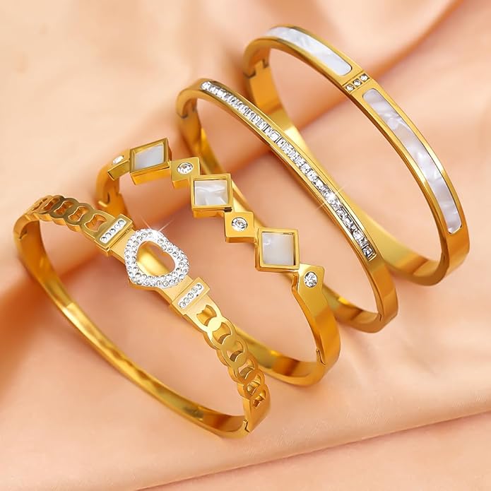 ZhiRui Women's 18K Gold Plated Stackable Bracelet Set - Waterproof Mother of Pearl Heart Cubic Zirconia Jewelry Gifts for Women