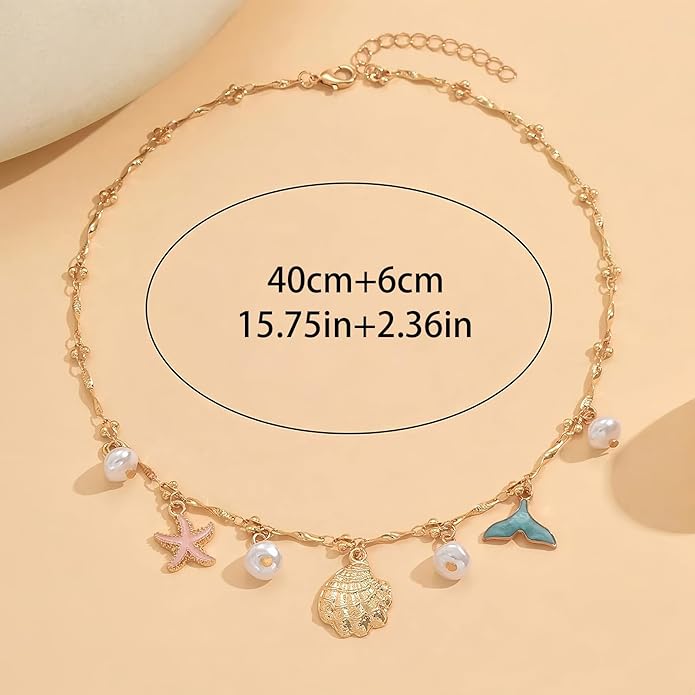 Shell Starfish Necklace for Women, 14k Gold Plated Boho Layered Beaded Charm Pendant Necklace, Dainty Adjustable Pearl Conch Summer Beach Vacation Jewelry Gifts