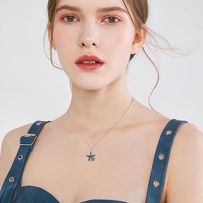 Cuoka Starfish Necklace 925 Sterling Silver Abalone Double Seashell Ocean Sea Beach Star Pendant Necklaces Ocean Jewelry for Women Bestfriend Summer Holiday Graduate Gift