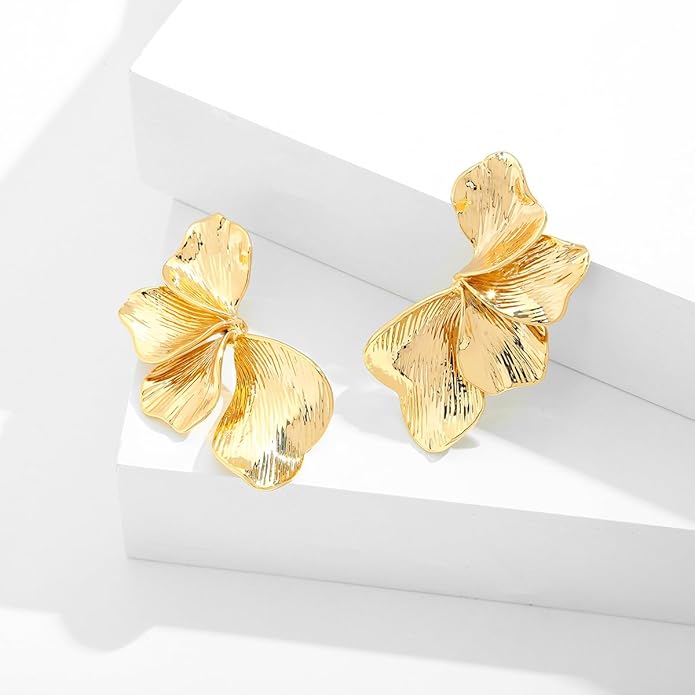 Chunky Gold Statement Earrings For Women Gold Plated Sectored Flower Leaf Shell Angel Wing Earrings Trendy Boho Jewelry For Women Large Stud Earrings Hypoallergenic Earrings