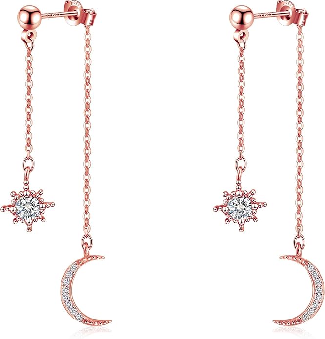Moon and Star dangle Earrings for Women Chain Tassel with Cubic Zirconia Drop Celestial Jewelry for Wedding Gift