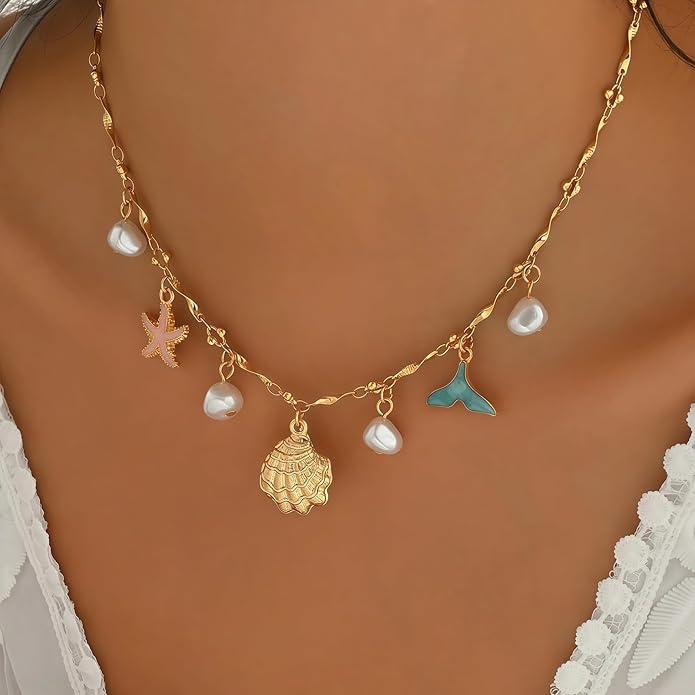 Shell Starfish Necklace for Women, 14k Gold Plated Boho Layered Beaded Charm Pendant Necklace, Dainty Adjustable Pearl Conch Summer Beach Vacation Jewelry Gifts