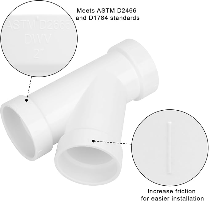 2Pack 2" PVC 45 Degree Wye DWV Pipe Fittings SCH40 PVC DWV Sanitary Y-TEE Pipe - Image 4
