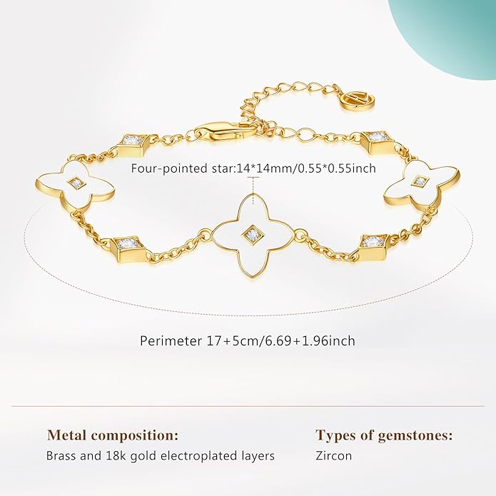 Cicy Bell Womens 18k Gold Plated White Shell Cubic Zirconia Square Cross Adjustable Chain Link Bracelets 6.69" with 2" Extender