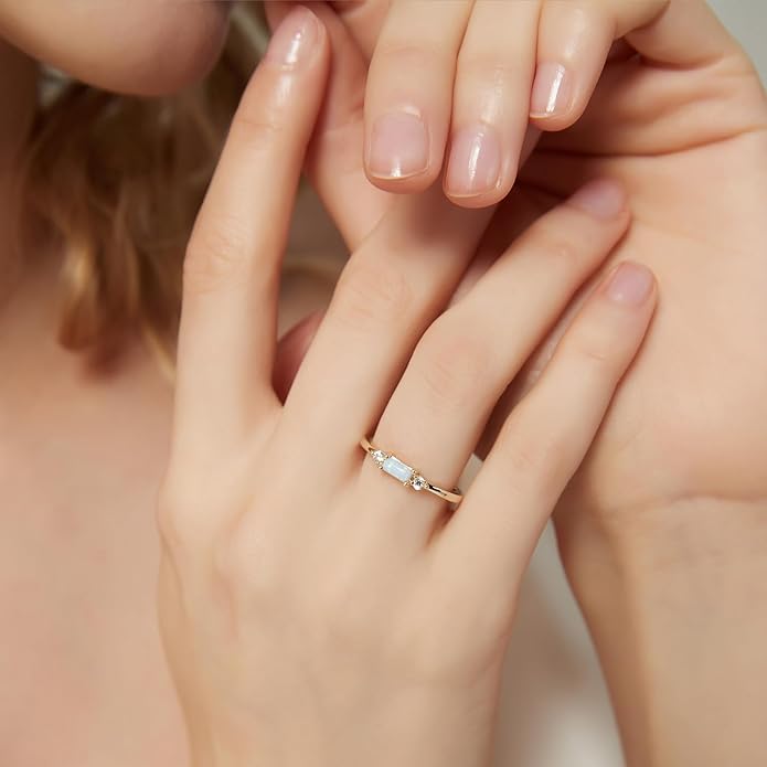 SHINYSO 14K Gold Plated Wedding Bands for Women Baguette Opal Ring Cubic Zirconia CZ Pave Thin Stackable Anniversary Rings for Her Size 4-10