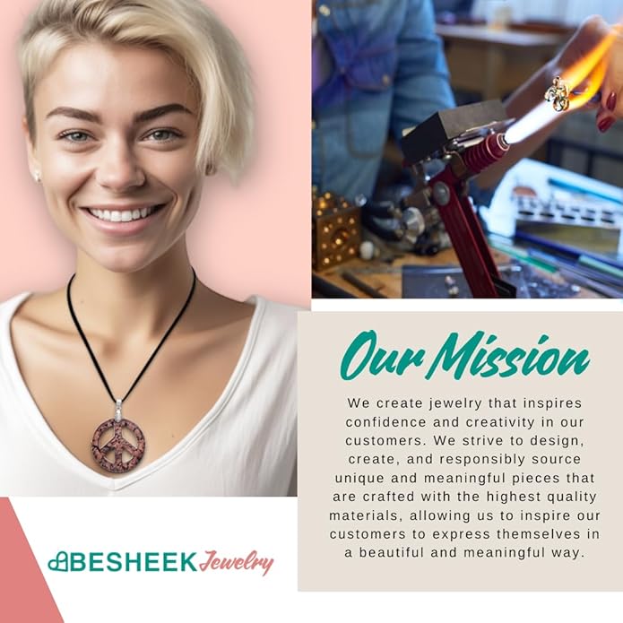 BESHEEK Murano Inspired Peace Sign Blown Glass Lampwork Art Pendant Necklace for Women Handcrafted Artisan Hypoallergenic Italian Style Jewelry