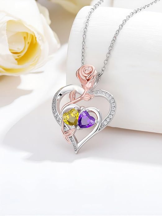 Rose Flower Heart Pendant for Women Birthday Gifts 18k Gold Plated Mother Daughter Necklace with 12 Months Birthstone Christmas Valentines Day Gifts for Her Mom Anniversarry Jewelry for Mom Wife Girlfriend