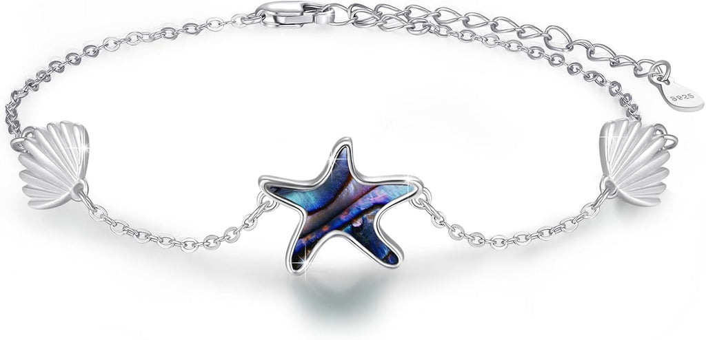 Cuoka Abalone Starfish Bracelet for Women S925 Silver Plated Adjustable Shell Sea Beach Ocean Bracelet Summer Beach Jewelry