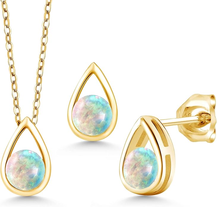 Gem Stone King 18K Yellow Gold Plated Silver 5MM Round Gemstone Birthstone Teardrop Pendant Earrings Set | Jewelry Set for Women | With 18 Inch Chain