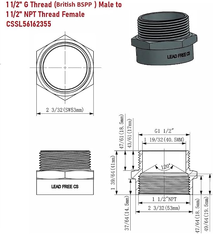 Cascada Lead-Free Brass Adapter, G Thread British BSPP Male to NPT Female |) - Image 4