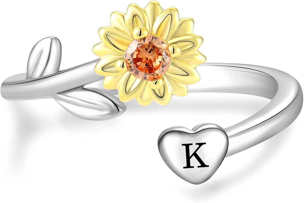 STARCHENIE Sunflower Initial Ring for Women 925 Sterling Silver Letters A-Z 26 Alphabet Adjustable Ring Size 7