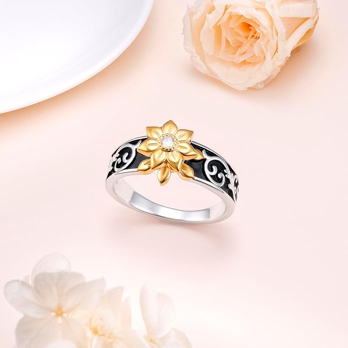 Alphm Sunflower Fidget Ring S925 Sterling Silver Spinner Ring Anxiety Stress Relieving Rotatable Valentine's Day Birthday Jewelry Gift for Women Wife Girlfriend