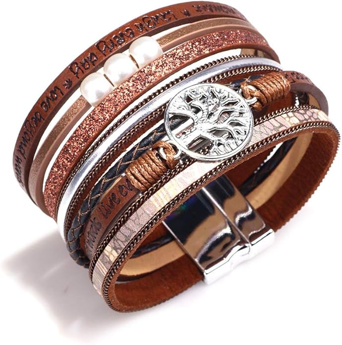 Fesciory Leopard Bracelet for Women, Boho Leather Wrap Multi-Layer Pearl Crystal Bracelet Bangle Jewelry