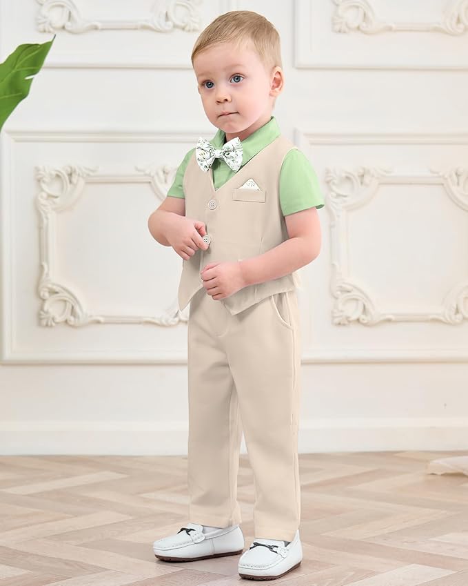 DISAUR Baby Boy Clothes Toddler Boy Outfits 4PCS Gentleman Dress Romper/Vest/Pants/Bow Tie Cotton Suit Sets