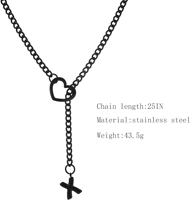 Black Heart Slip Chain Initial Necklaces for Women,Stainless Steel O-Ring Adjustable Lariat Heart Y-Necklace,Punk Gothic Cuban Collar Choker Necklace for women